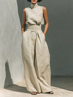 Flor™ | Minimalist set of tank top and wide-leg pants in cotton and linen for women