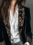 Women's Black Baroque Print Lapel Slim Fit Blazer