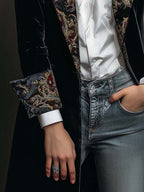 Women's Black Baroque Print Lapel Slim Fit Blazer