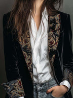 Women's Black Baroque Print Lapel Slim Fit Blazer