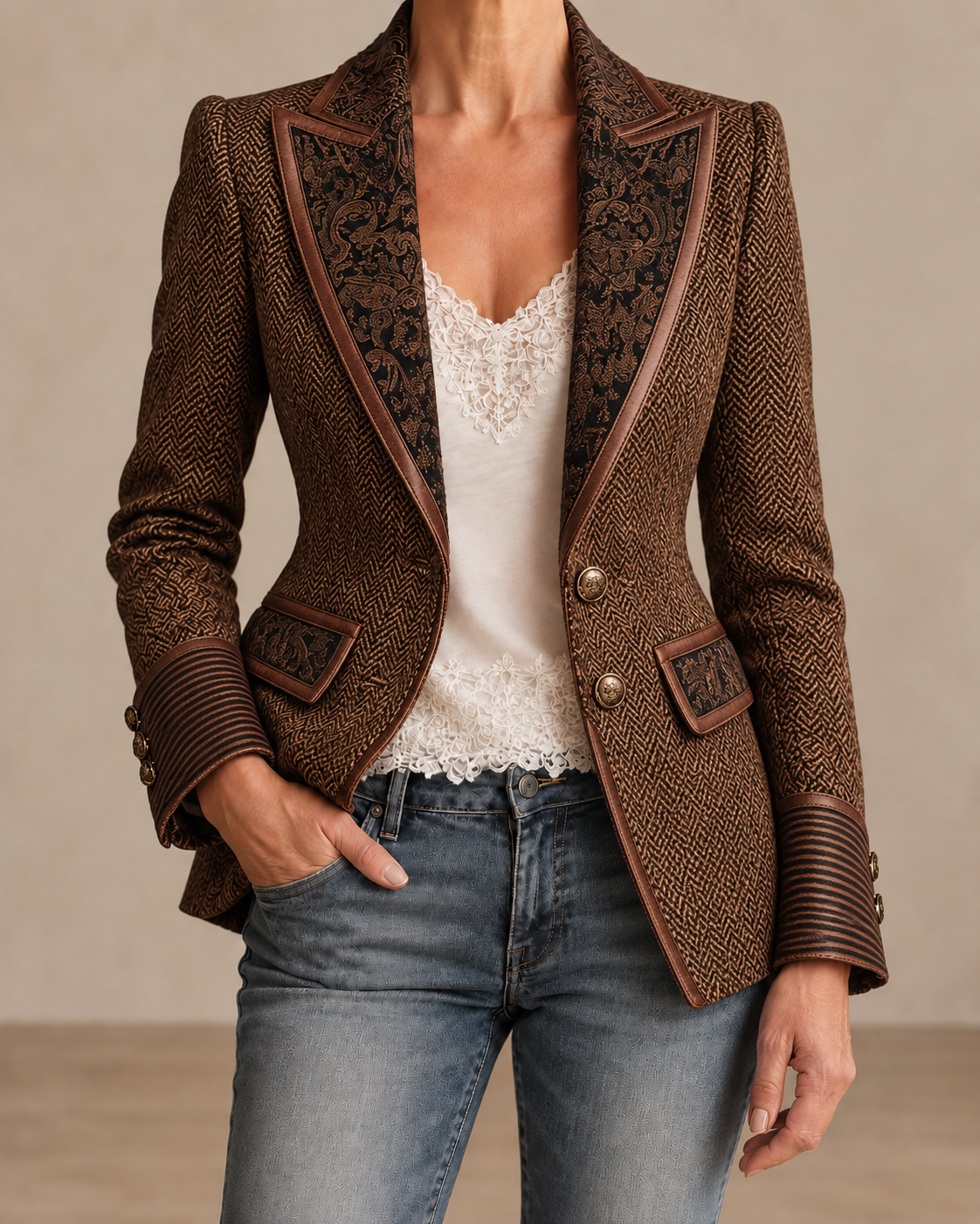Women’s Tailored Herringbone Paneled Blazer