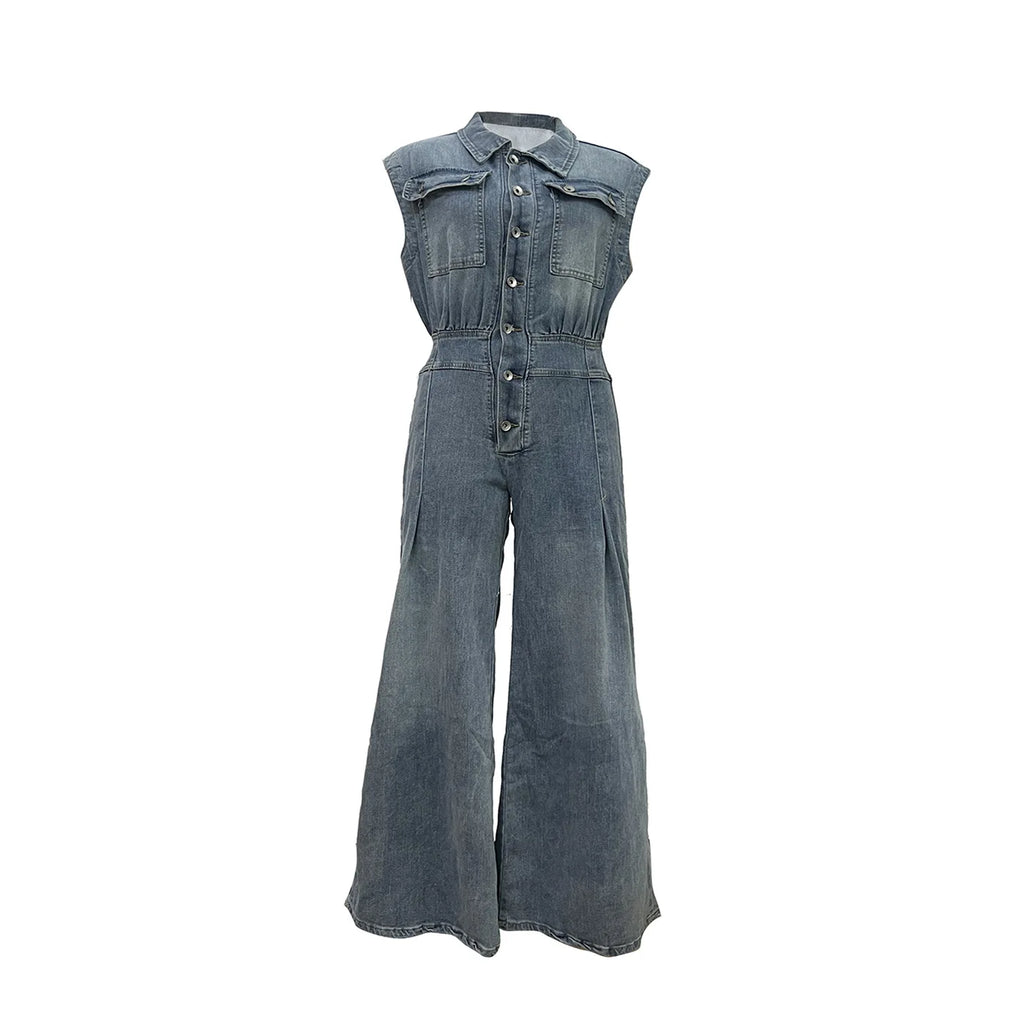 Stella | Cinched Waist Wide Leg Denim Jumpsuit