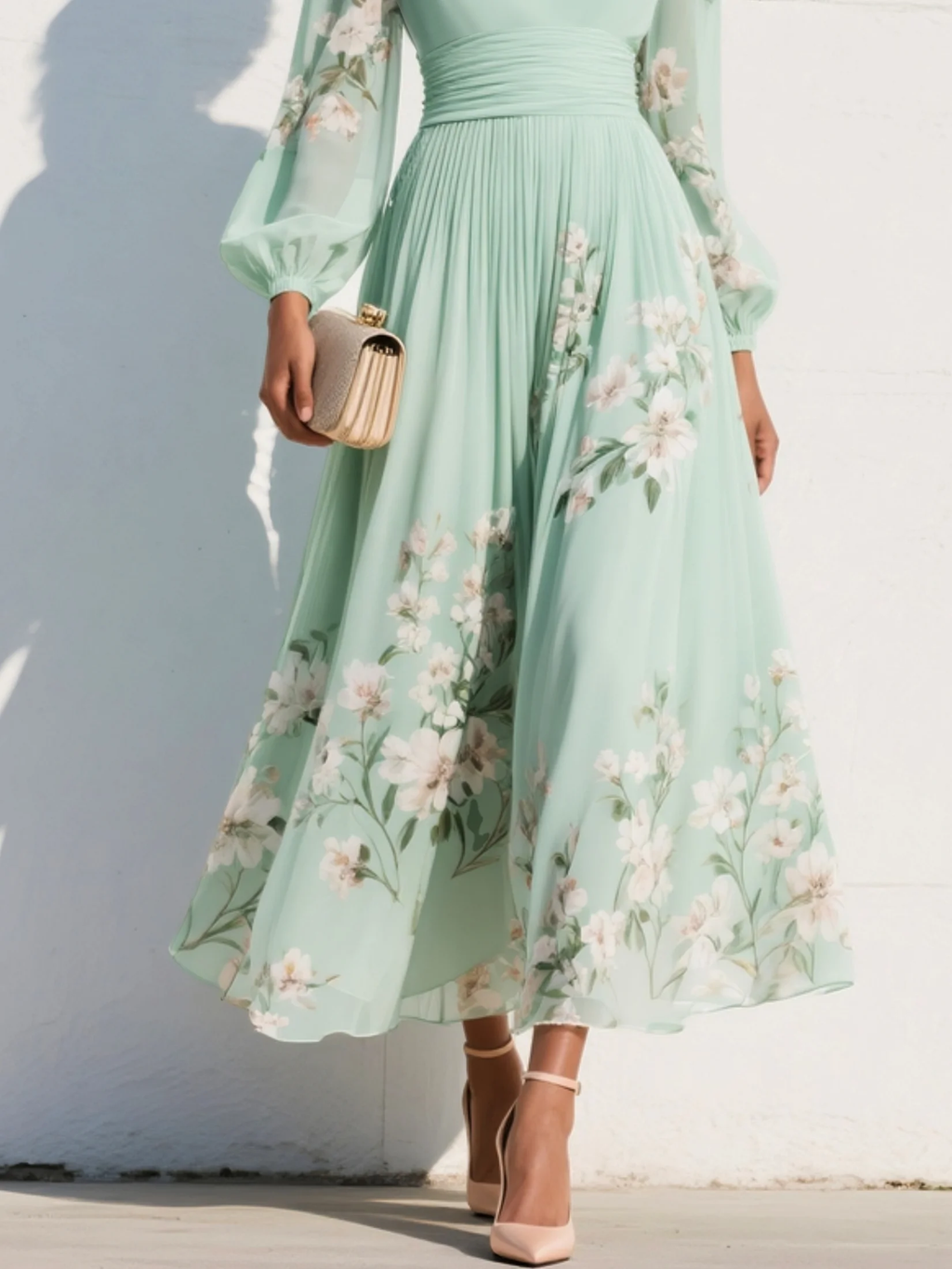 Mathilda - Light Green V-Neck Chiffon Pleated Floral Midi Dress