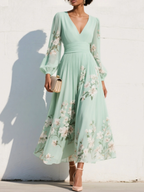 Mathilda - Light Green V-Neck Chiffon Pleated Floral Midi Dress