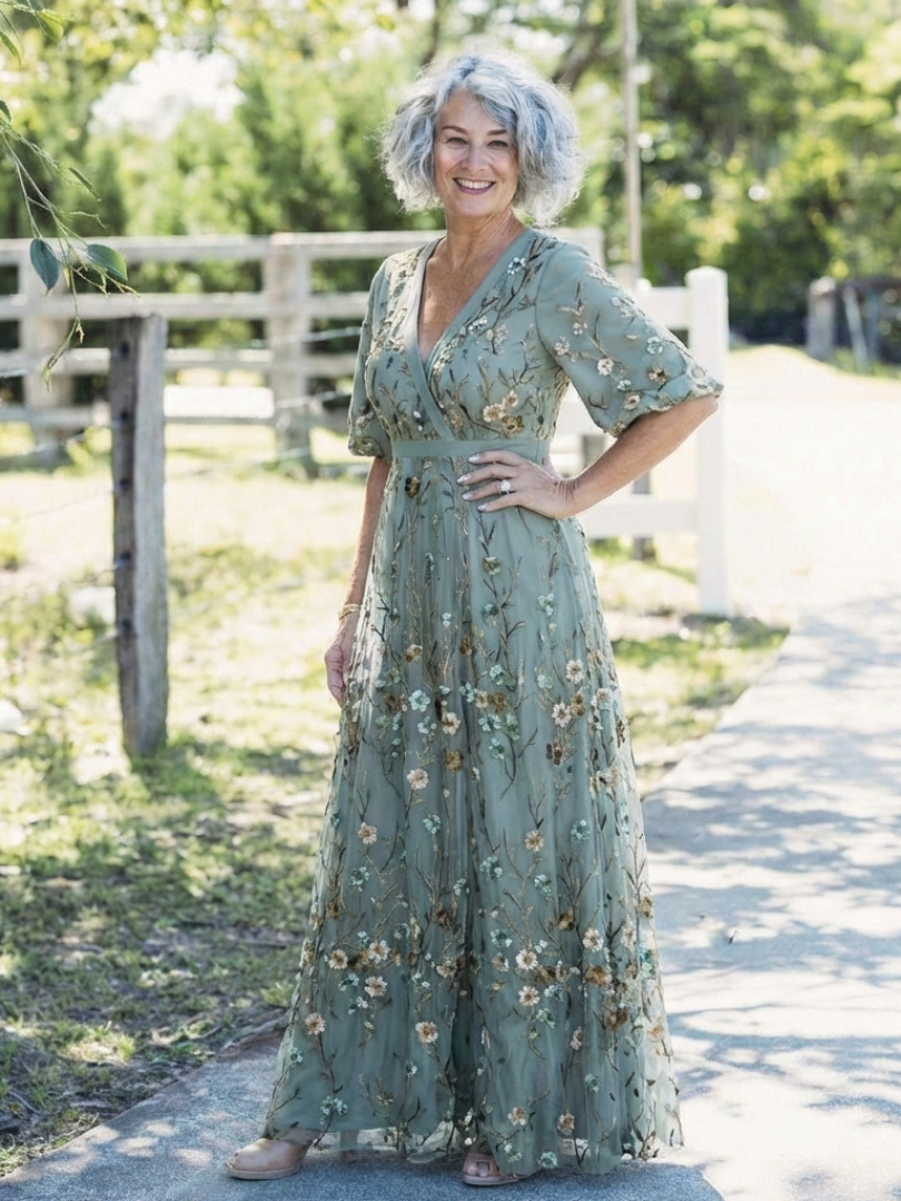 Auriane | Floral V Neck Short Sleeve Maxi Dress
