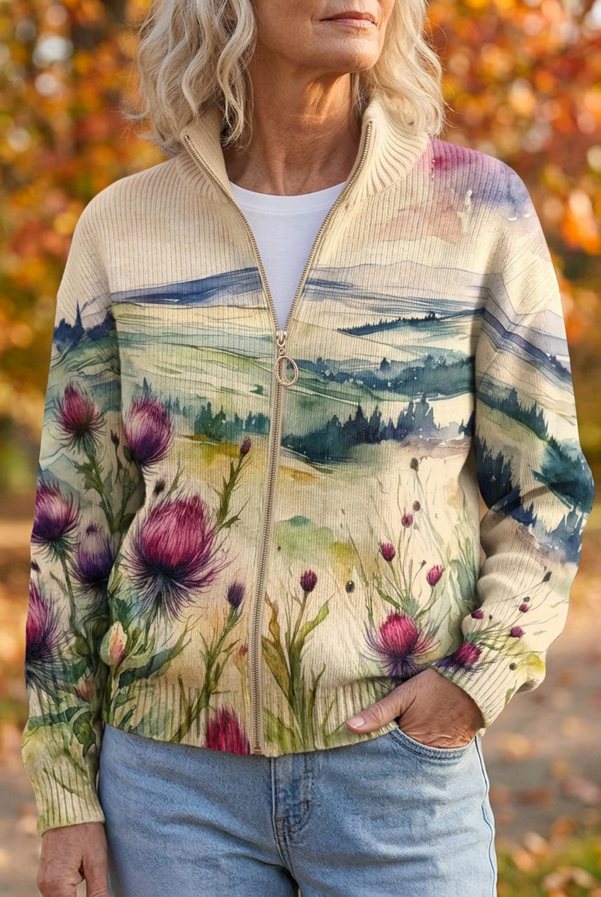 Zelda™ | Scottish Thistle Landscape Zip Cardigan