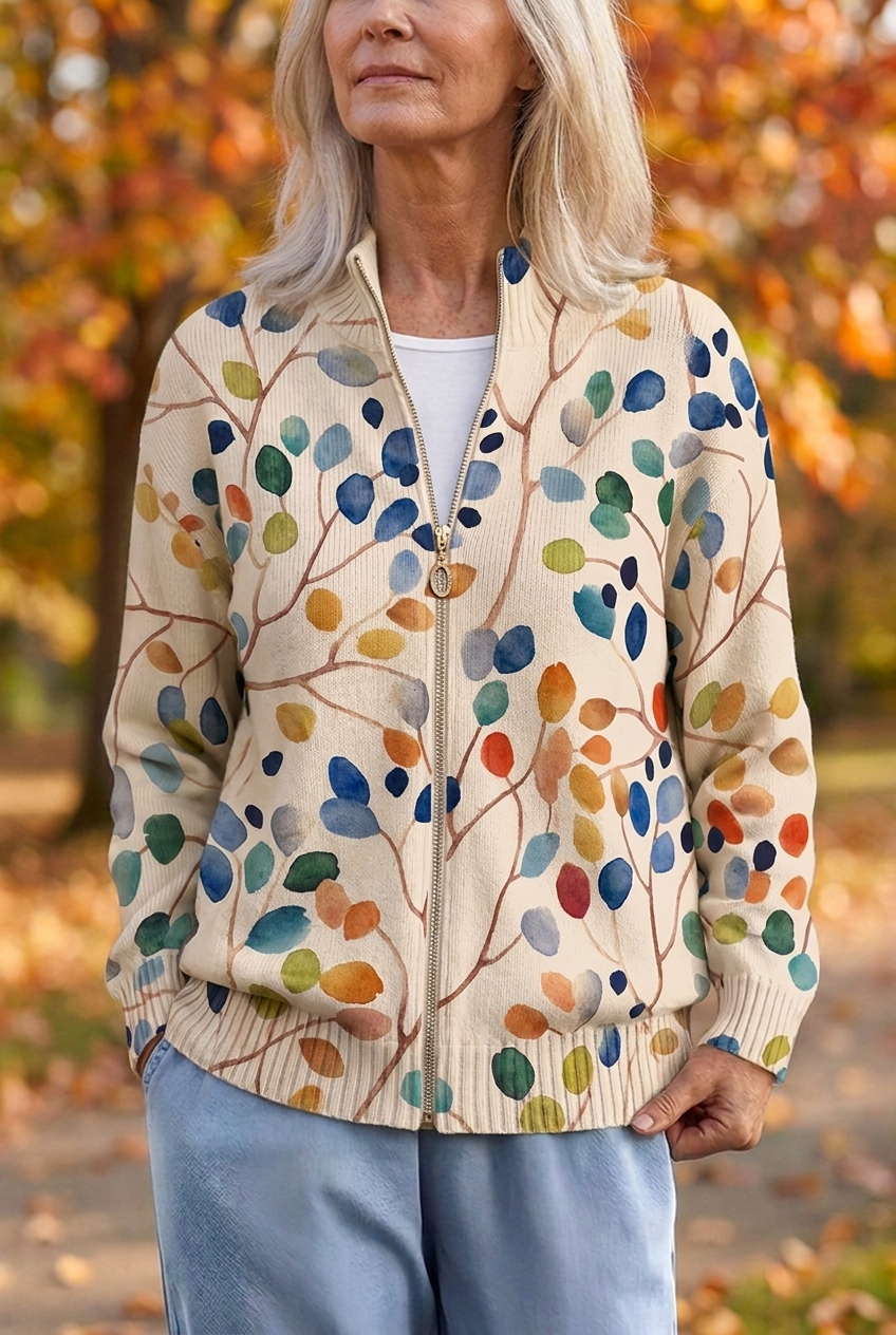 Imogene™ | Botanical Leaf Print Zip Cardigan
