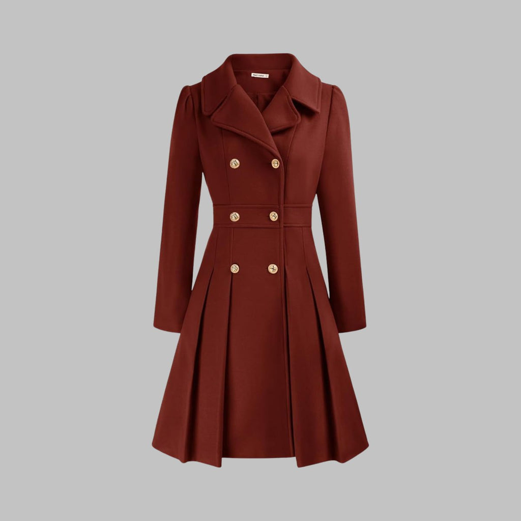 Emma | Women's Coat Double-Breasted Pleated A-Line Long Sleeve Overcoat