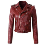 Aria | Women's Cropped Moto Faux Leather Jacket Belted Biker