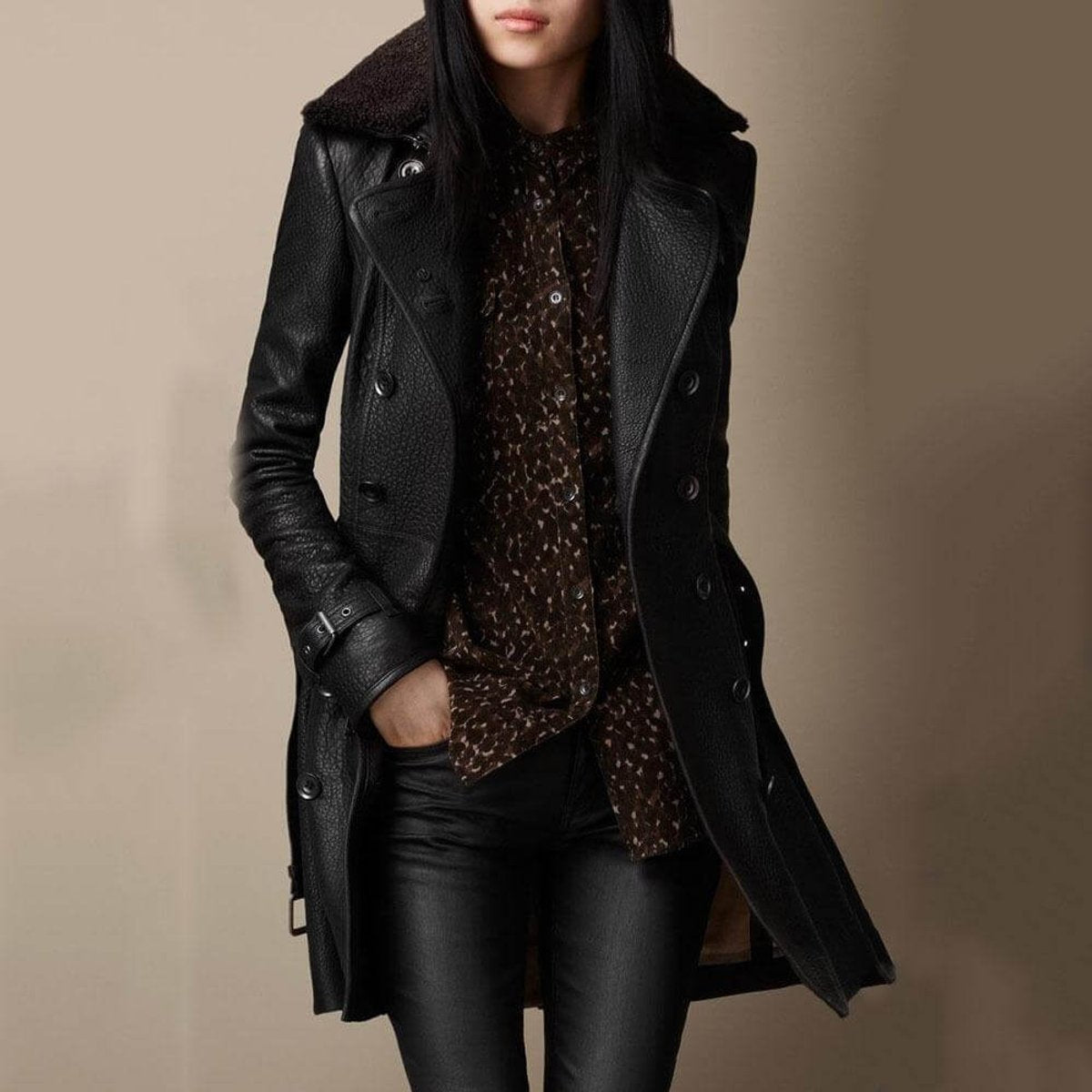 Camila | Women's Double-Breasted Shearling-Collar Leather Trench Coat