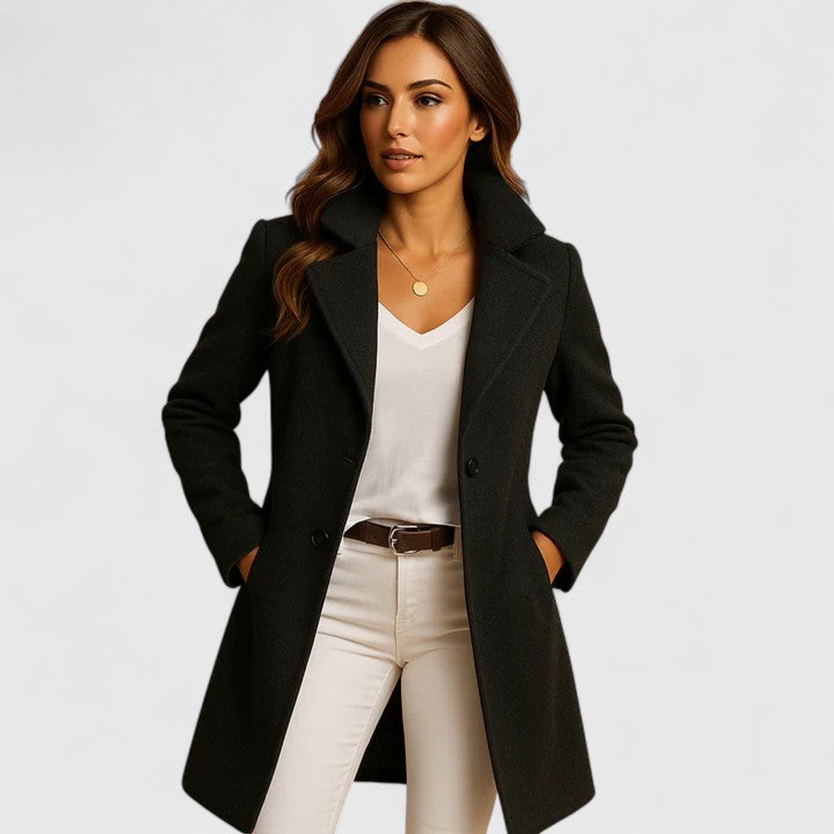 Luna | Women's Elegant Long Button-Front Notch-Lapel Coat
