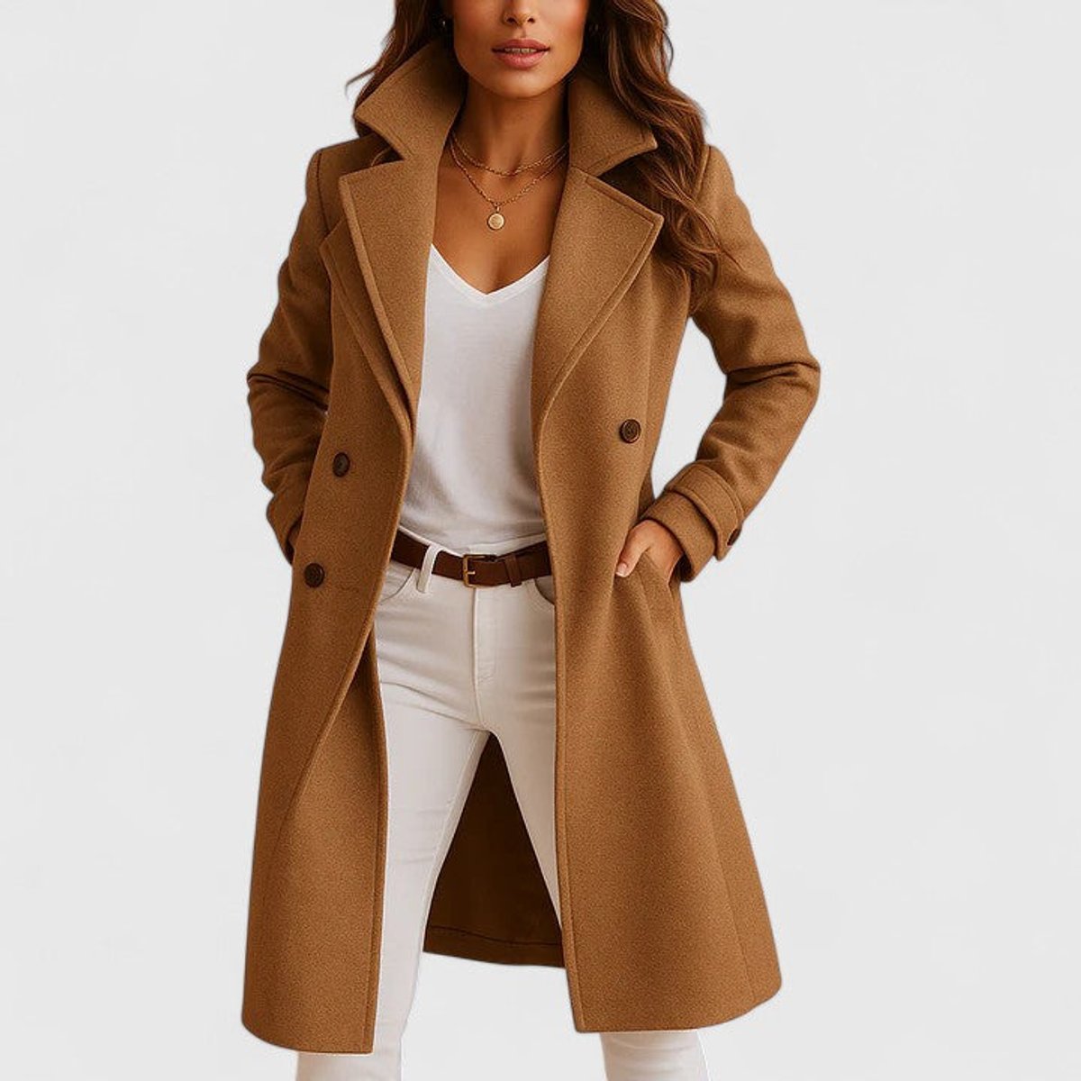 Luna | Women's Elegant Long Button-Front Notch-Lapel Coat