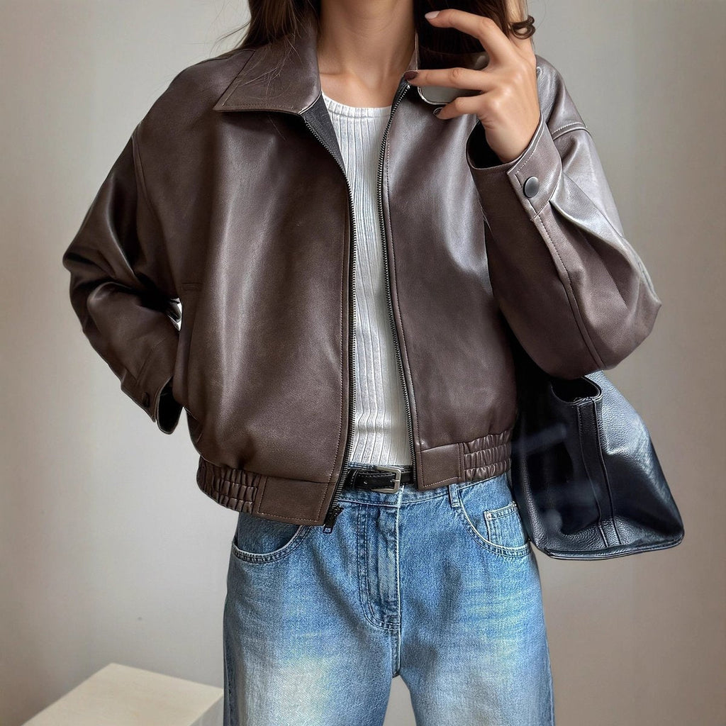 Victoria | Women's Faux Leather Bomber Jacket Zip-Up Long Sleeve