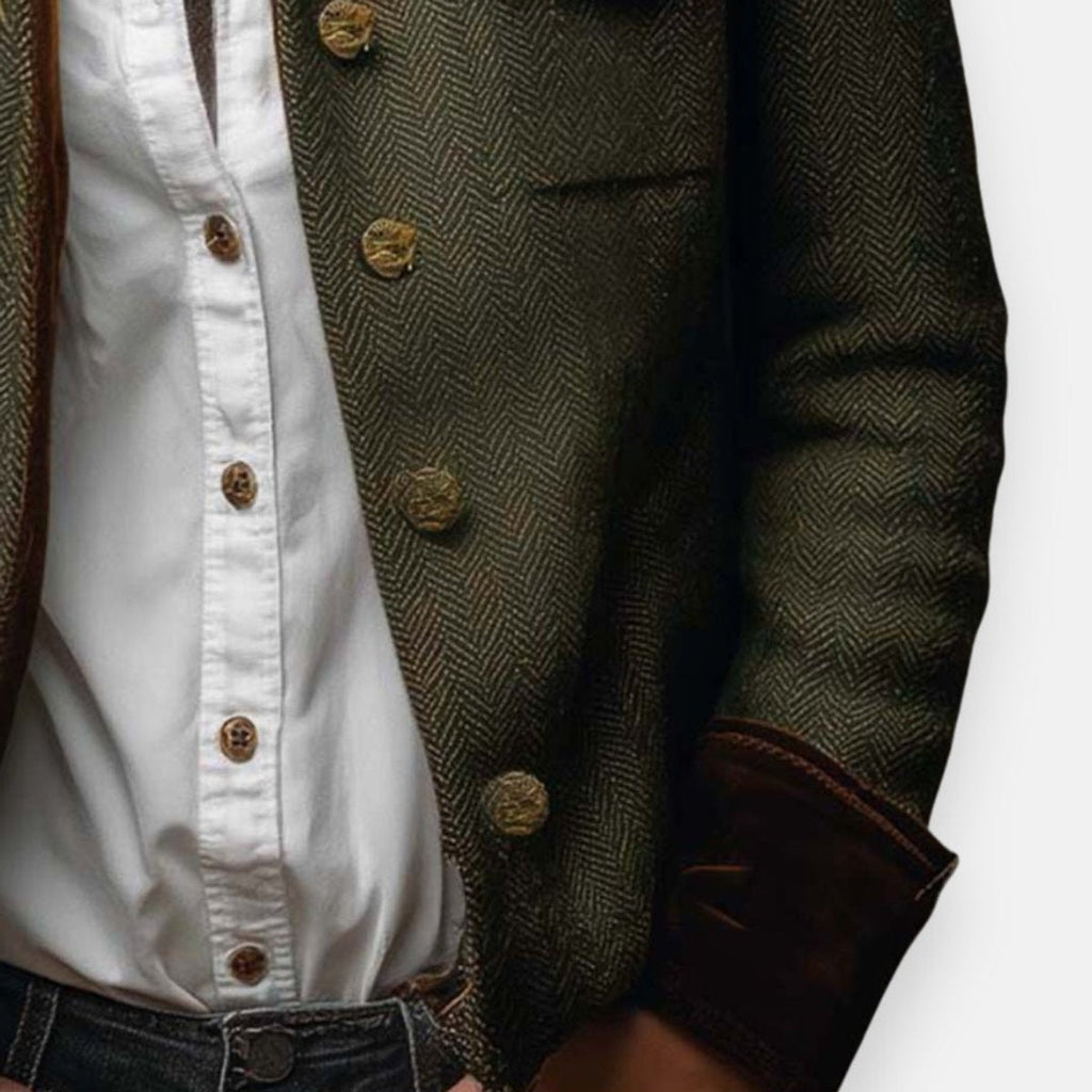 Victoria | Women's Herringbone Tweed Military-Style Jacket Gold Button