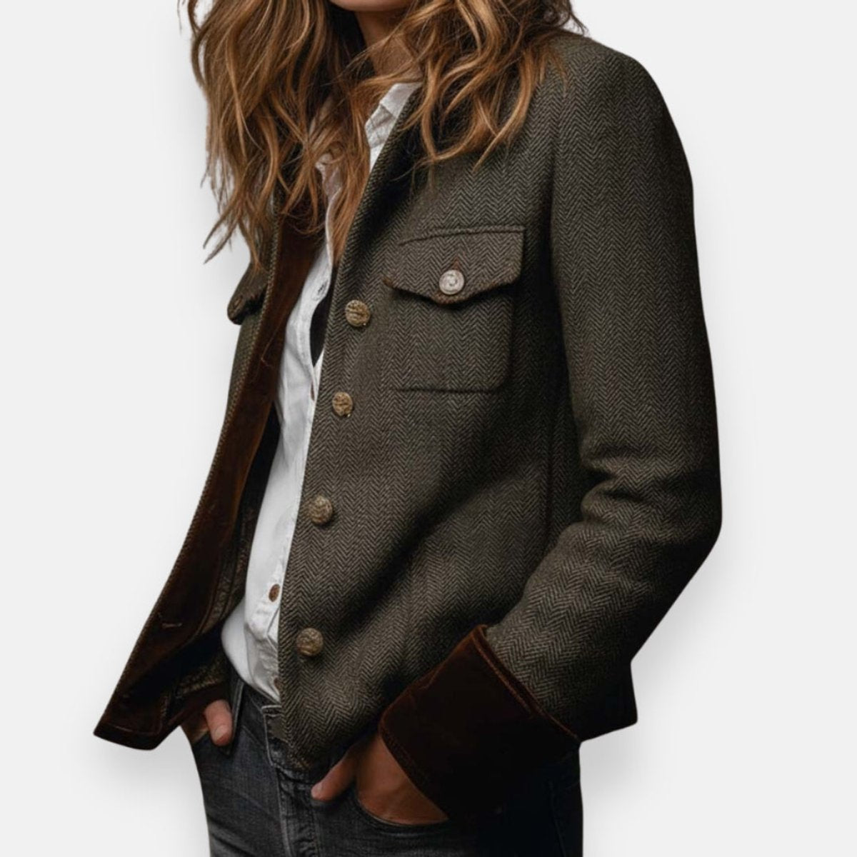 Victoria | Women's Herringbone Tweed Military-Style Jacket Gold Button