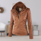 Charlotte | Women's Hooded Faux Leather Moto Coat Removable Hood