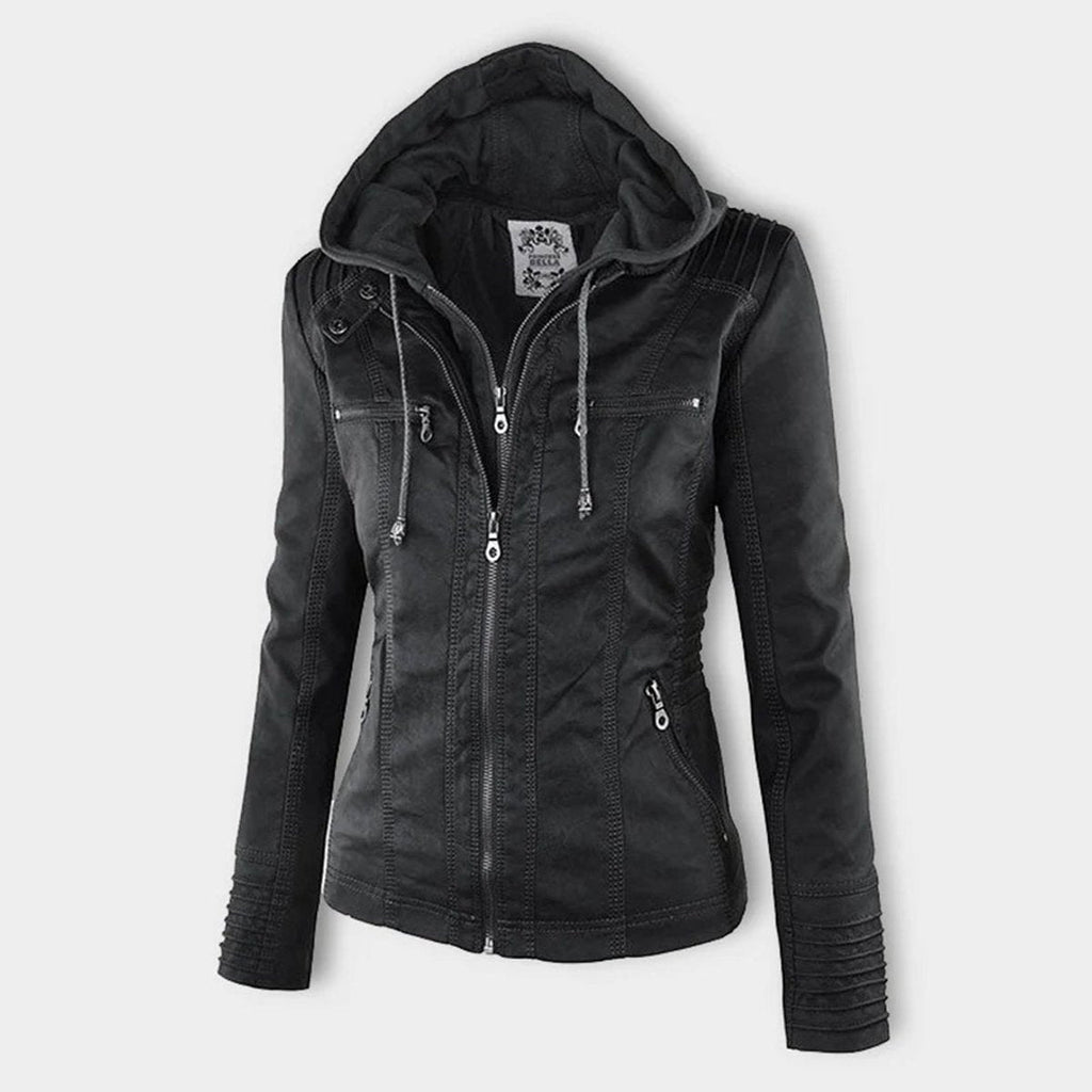 Charlotte | Women's Hooded Faux Leather Moto Coat Removable Hood