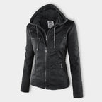 Charlotte | Women's Hooded Faux Leather Moto Coat Removable Hood