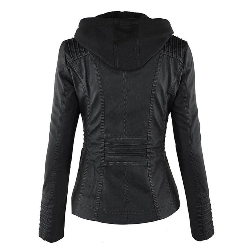 Charlotte | Women's Hooded Faux Leather Moto Coat Removable Hood
