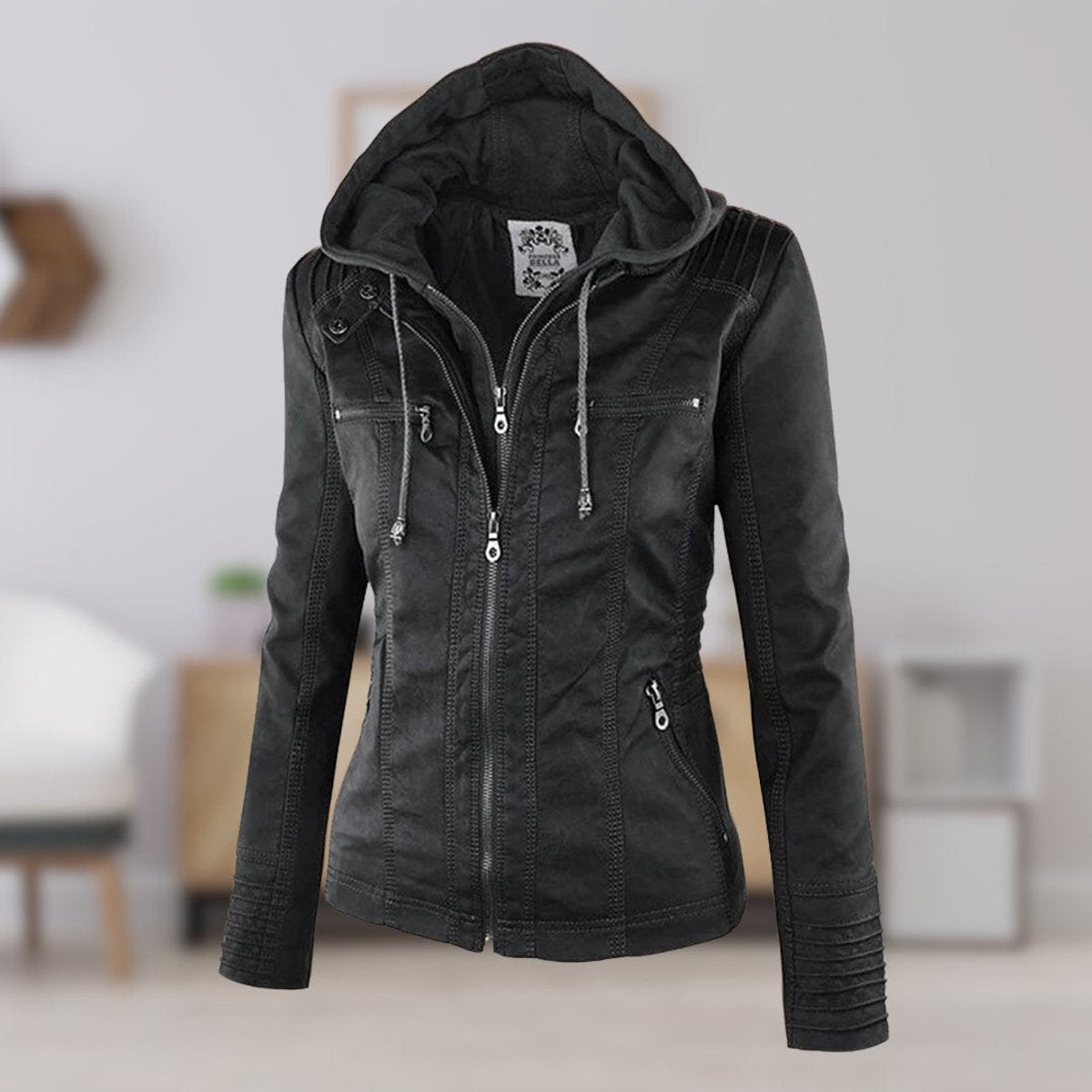 Charlotte | Women's Hooded Faux Leather Moto Coat Removable Hood