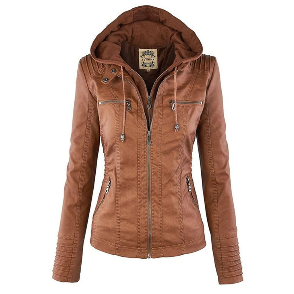 Charlotte | Women's Hooded Faux Leather Moto Coat Removable Hood