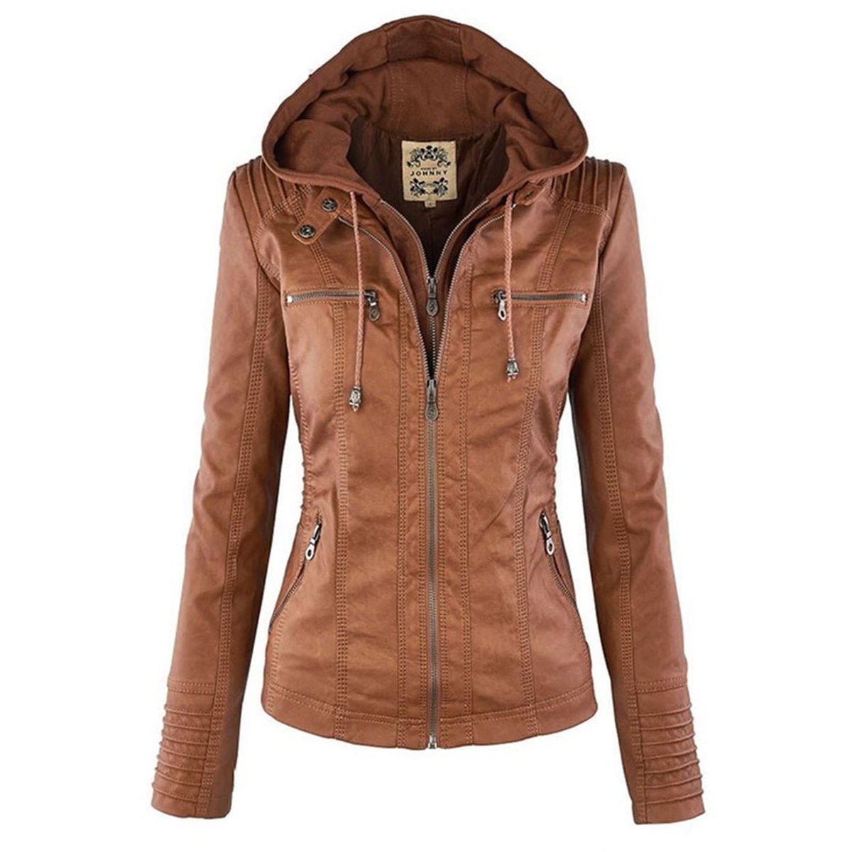 Charlotte | Women's Hooded Faux Leather Moto Coat Removable Hood