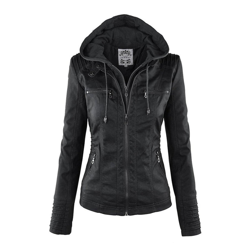 Charlotte | Women's Hooded Faux Leather Moto Coat Removable Hood
