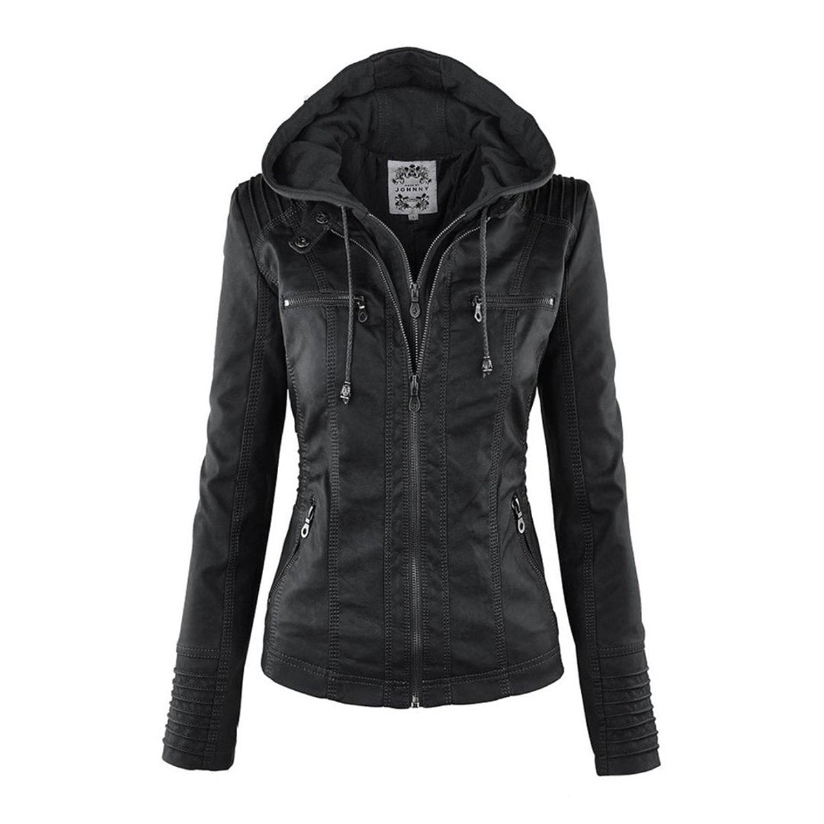 Charlotte | Women's Hooded Faux Leather Moto Coat Removable Hood