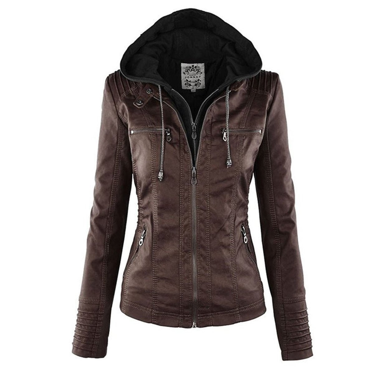 Charlotte | Women's Hooded Faux Leather Moto Coat Removable Hood