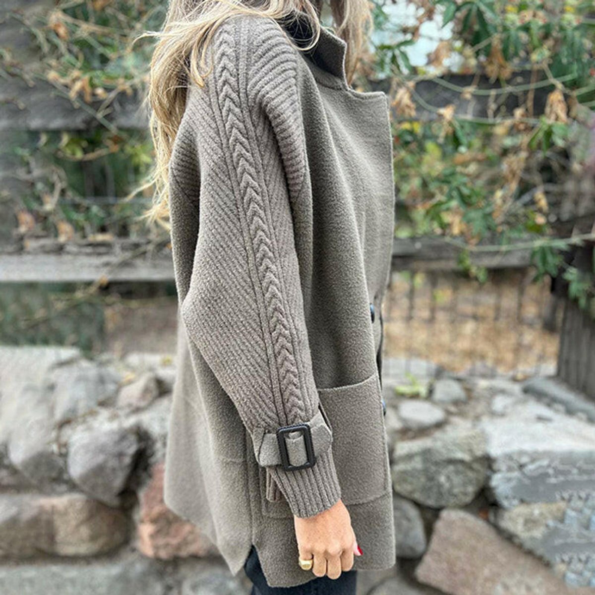 Olivia | Women's Jacket Double-Breasted Cable-Knit Sleeve Coat