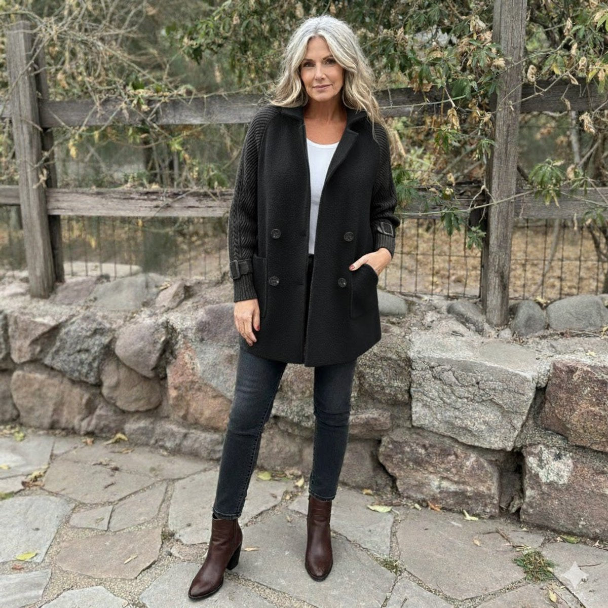 Olivia | Women's Jacket Double-Breasted Cable-Knit Sleeve Coat