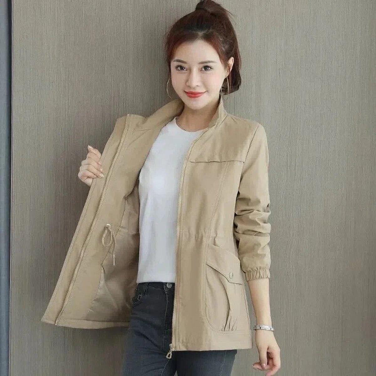 Eleanor | Women's Lightweight Zip-Up Short Bomber Jacket Drawstring Waist
