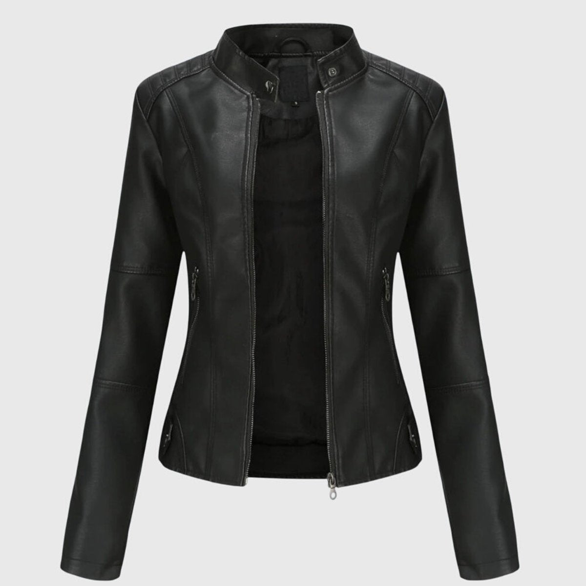 Mia | Women's Slim-Fit Faux Leather Moto Coat Stand-Collar Zip-Up Jacket