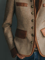 Sophia | Women's Vintage Herringbone Tweed Leather-Trim Button-Front Jacket